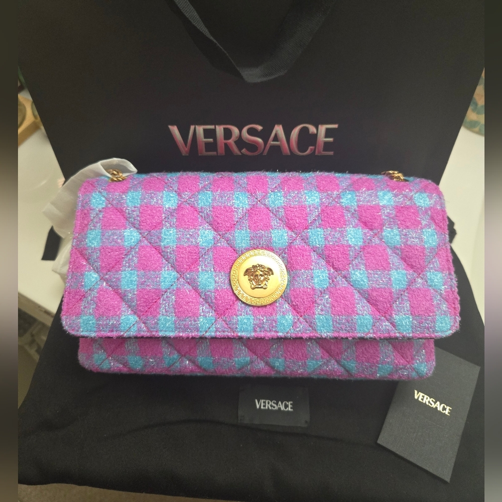 Versace Tweed Pink And Blue Two Way Bag NWT - Picture 13 of 13